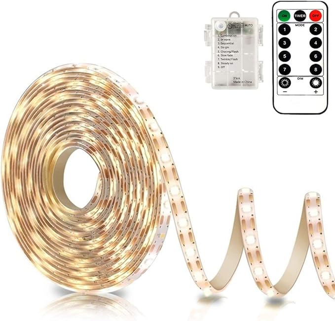 Battery Powered Led Strip Lights with Remote Warm White, 8 Modes, Dimmable, Timer, Self-Adhesive, Cuttable, Waterproof, 9.8FT 90Led Strip Lights for TV Kitchen Cupboard Bedroom Decor