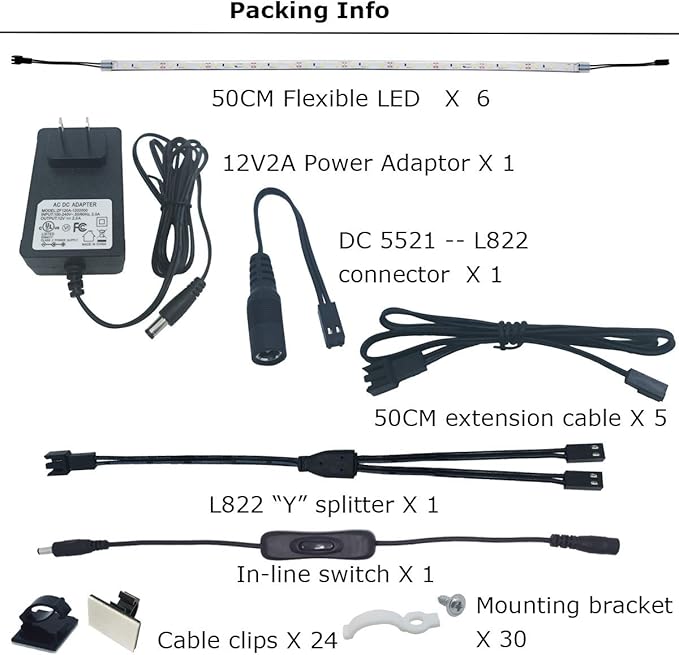LED Super Bright Flexible Light Strip Kit – 6 x 50CM Bars, 12V Power Adapter, 5000K White Light, Complete Installation Accessories for Cabinet, Closet, Workbench Lighting