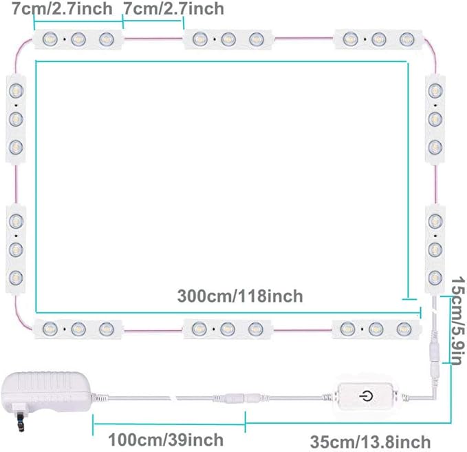 LED Vanity Mirror Light Strip Kit – Dimmable Stick-On Makeup Lighting with Touch Switch, 118 Inch Total Length