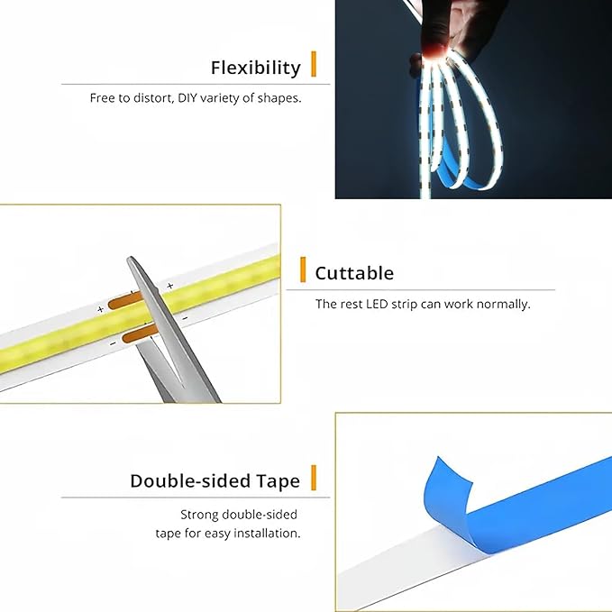 5V LED Strip Lights, White USB LED Light Strip, 3.28FT Dimmable Cob LED Strip Light, High Brightness Short LED Strip for Display Cabinet, Living Room, TV Lights