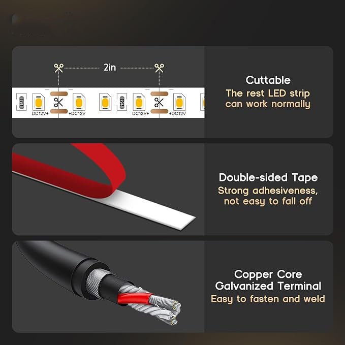 High-Brightness Flexible LED Strip Light, 24V DC Ultra Bright Decorative Tape Light, Cuttable with Double-Sided Adhesive, CRI 90+, Warm White for Bedroom and Living Room Accent Lighting