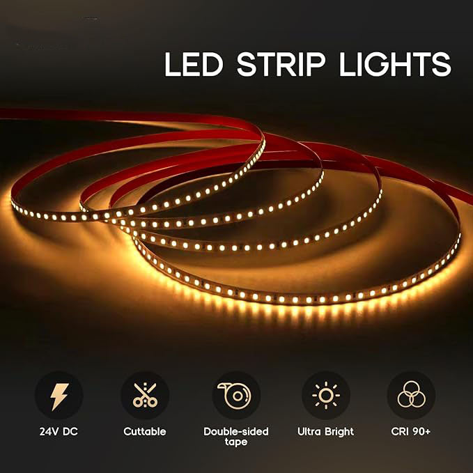 High-Brightness Flexible LED Strip Light, 24V DC Ultra Bright Decorative Tape Light, Cuttable with Double-Sided Adhesive, CRI 90+, Warm White for Bedroom and Living Room Accent Lighting