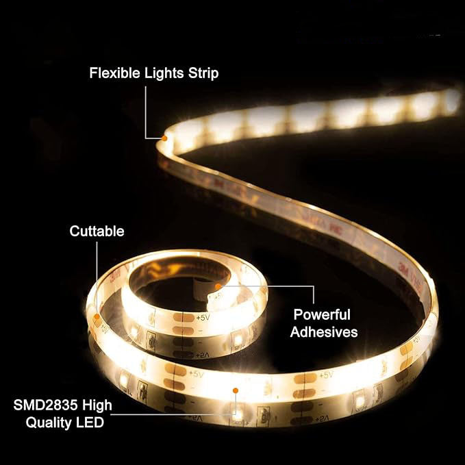 Battery Powered Led Strip Lights with Remote Warm White, 8 Modes, Dimmable, Timer, Self-Adhesive, Cuttable, Waterproof, 9.8FT 90Led Strip Lights for TV Kitchen Cupboard Bedroom Decor