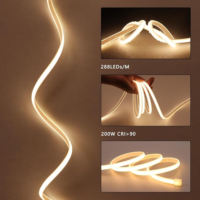 110V COB LED Strip Lights Outdoor Waterproof 65.6ft, 3000K Warm White Super Bright 200W CRI 90+ LED Rope Light, IP65 Flexible Cuttable, for Bedroom Garden Commercial House