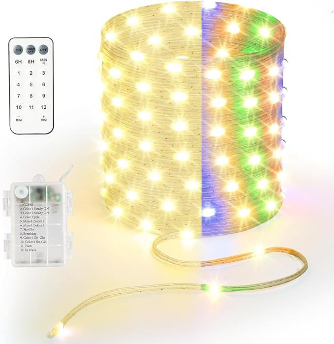Battery Powered Waterproof String Lights with Remote Control, Dual Color Warm White & Multicolor, 30 LEDs Decorative Rope Light for Indoor Outdoor Use