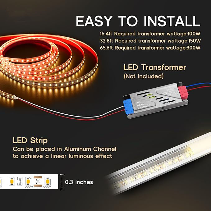 High-Brightness Flexible LED Strip Light, 24V DC Ultra Bright Decorative Tape Light, Cuttable with Double-Sided Adhesive, CRI 90+, Warm White for Bedroom and Living Room Accent Lighting