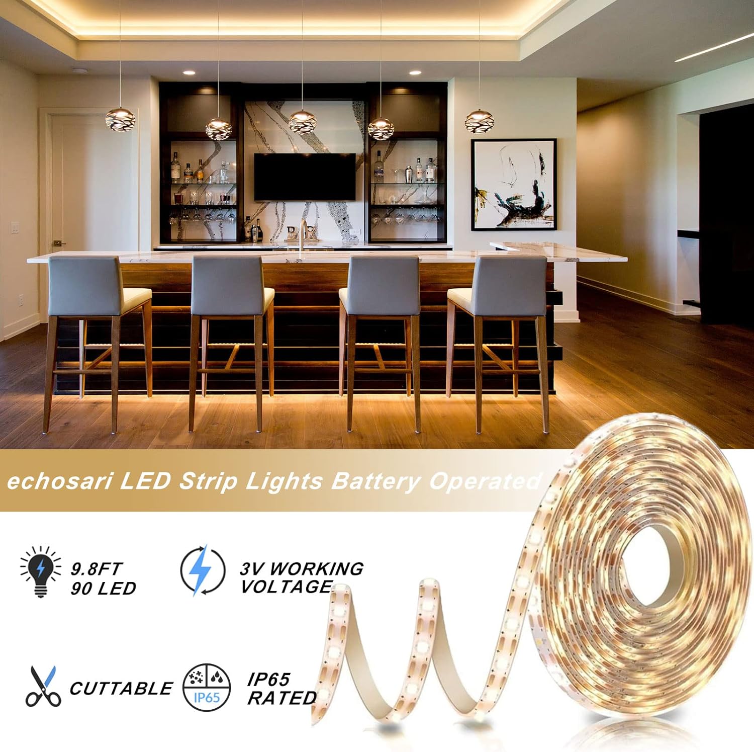 Battery Powered Led Strip Lights with Remote Warm White, 8 Modes, Dimmable, Timer, Self-Adhesive, Cuttable, Waterproof, 9.8FT 90Led Strip Lights for TV Kitchen Cupboard Bedroom Decor