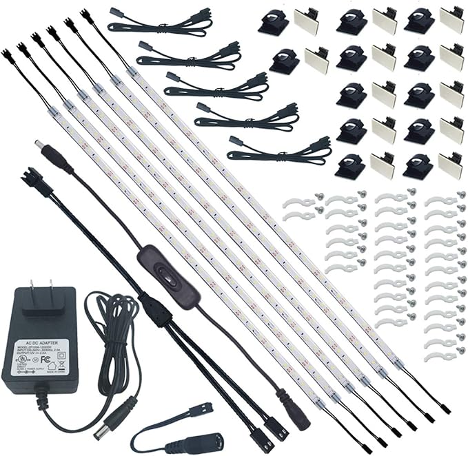 LED Super Bright Flexible Light Strip Kit – 6 x 50CM Bars, 12V Power Adapter, 5000K White Light, Complete Installation Accessories for Cabinet, Closet, Workbench Lighting