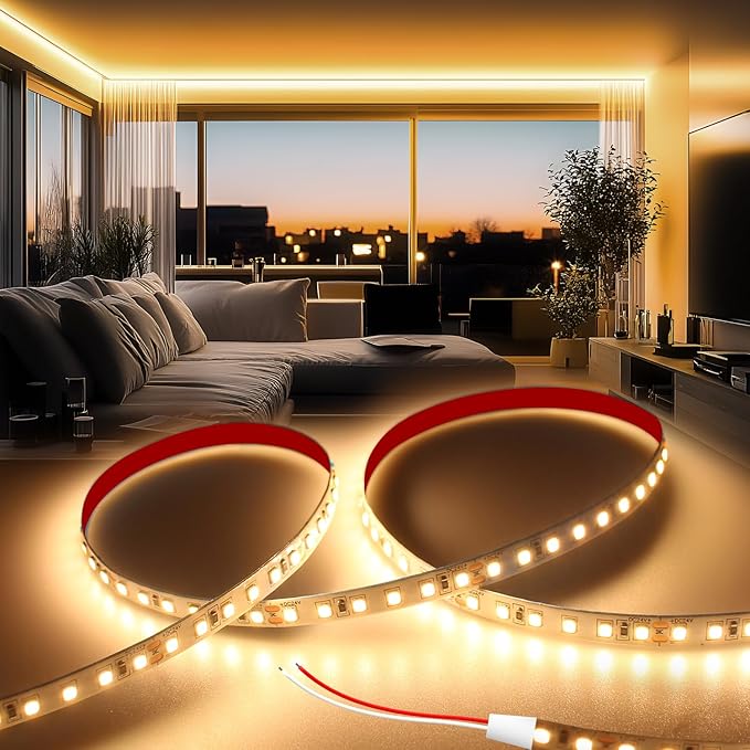High-Brightness Flexible LED Strip Light, 24V DC Ultra Bright Decorative Tape Light, Cuttable with Double-Sided Adhesive, CRI 90+, Warm White for Bedroom and Living Room Accent Lighting