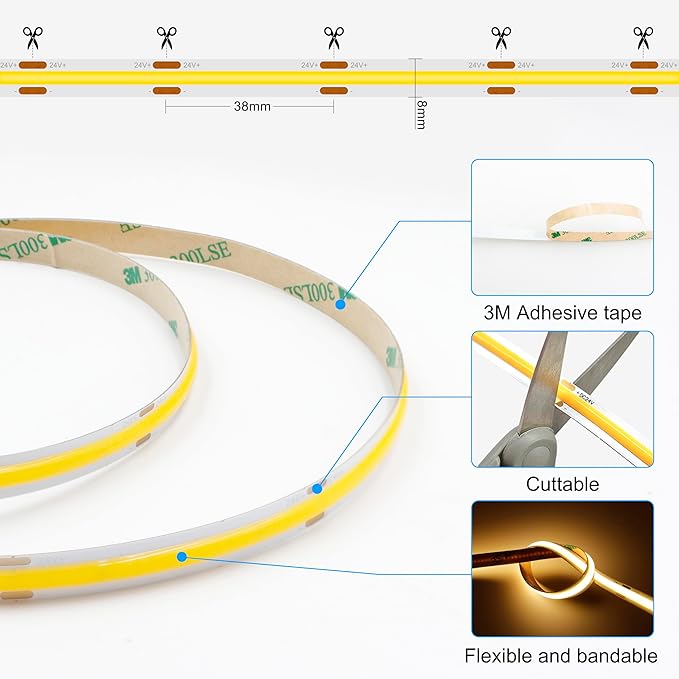 Flexible Warm White LED Strip Light Kit (24V 5M) – Dimmable & Cuttable with Remote Control, 3M Adhesive Backing, Ideal for Bedroom, Kitchen, Cabinet Accent Lighting
