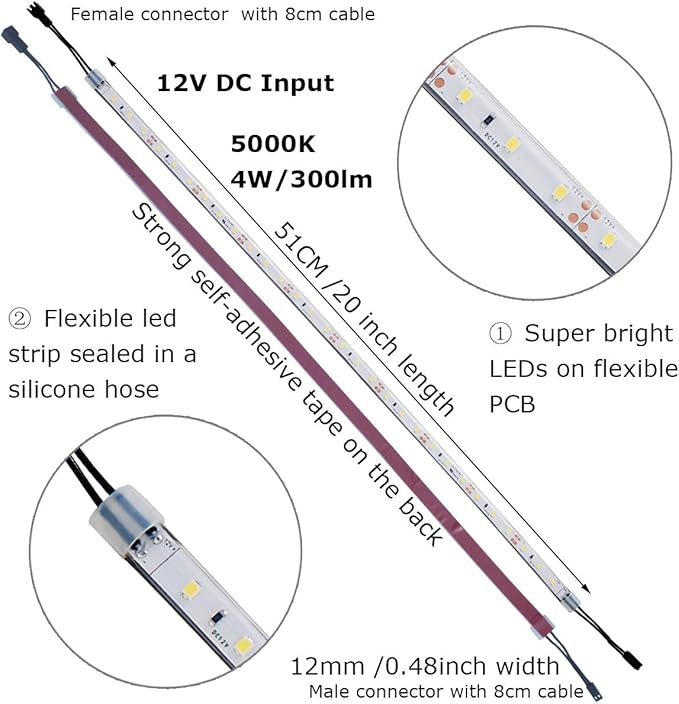LED Super Bright Flexible Light Strip Kit – 6 x 50CM Bars, 12V Power Adapter, 5000K White Light, Complete Installation Accessories for Cabinet, Closet, Workbench Lighting