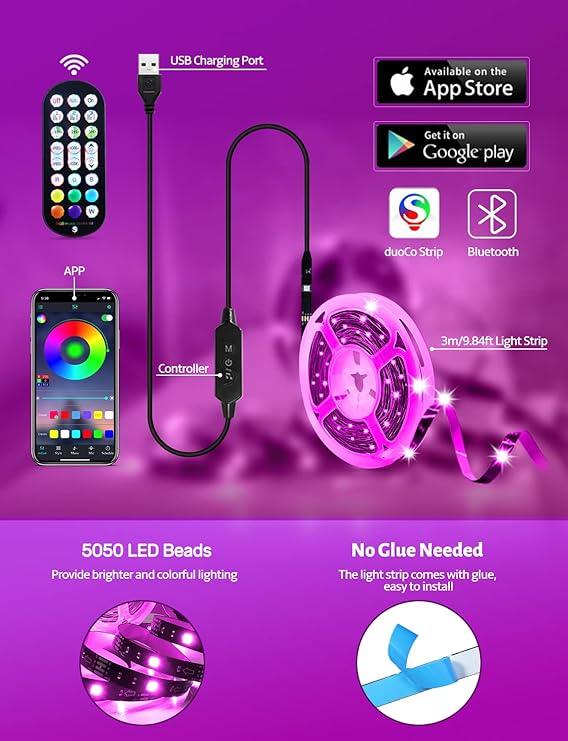 LED Lights for TV Led Backlight, 9.84 RGB Led Strip Lights USB TV Lights Behind 32-43 TV, APP Remote Control Music Sync TV LED Lights