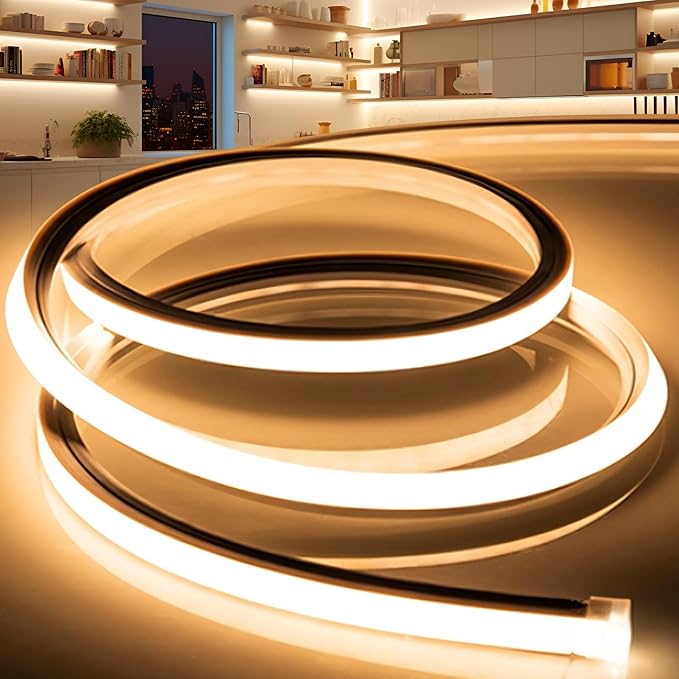 LED Strip Lights Warm White 3000K,9.8ft 110-120V Neon Rope Lights,Flexible Silicone Outdoor Waterproof Neon Strip Lights for Bedroom,Mirror,Kitchen Cabinet, Living Room,Halloween Decor