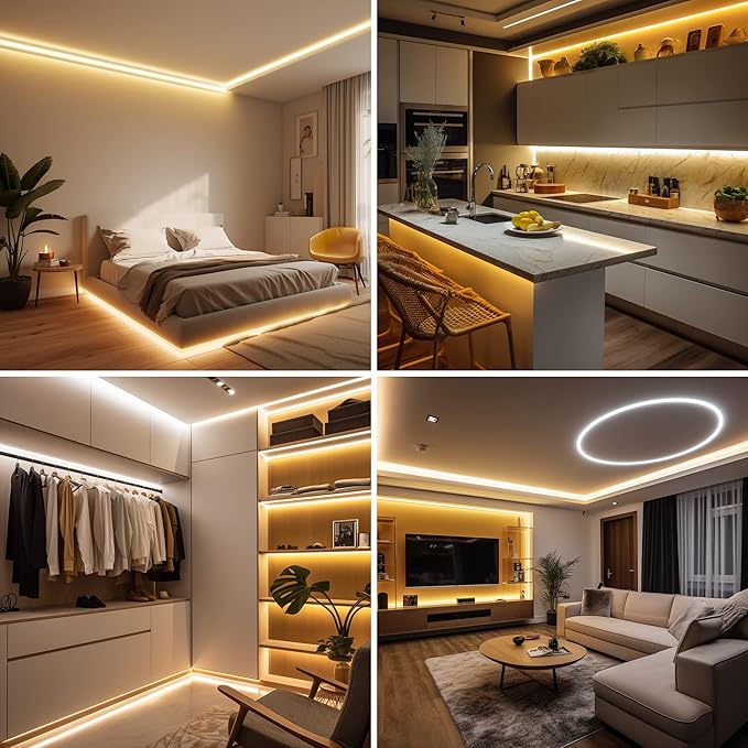 Flexible Warm White LED Strip Light Kit (24V 5M) – Dimmable & Cuttable with Remote Control, 3M Adhesive Backing, Ideal for Bedroom, Kitchen, Cabinet Accent Lighting