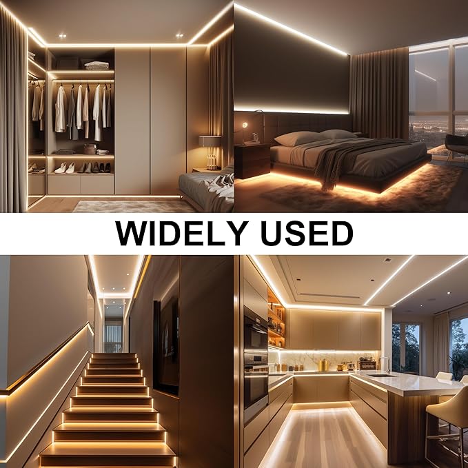 Flexible Warm White LED Strip Light Kit (24V 5M) – Dimmable & Cuttable with Remote Control, 3M Adhesive Backing, Ideal for Bedroom, Kitchen, Cabinet Accent Lighting